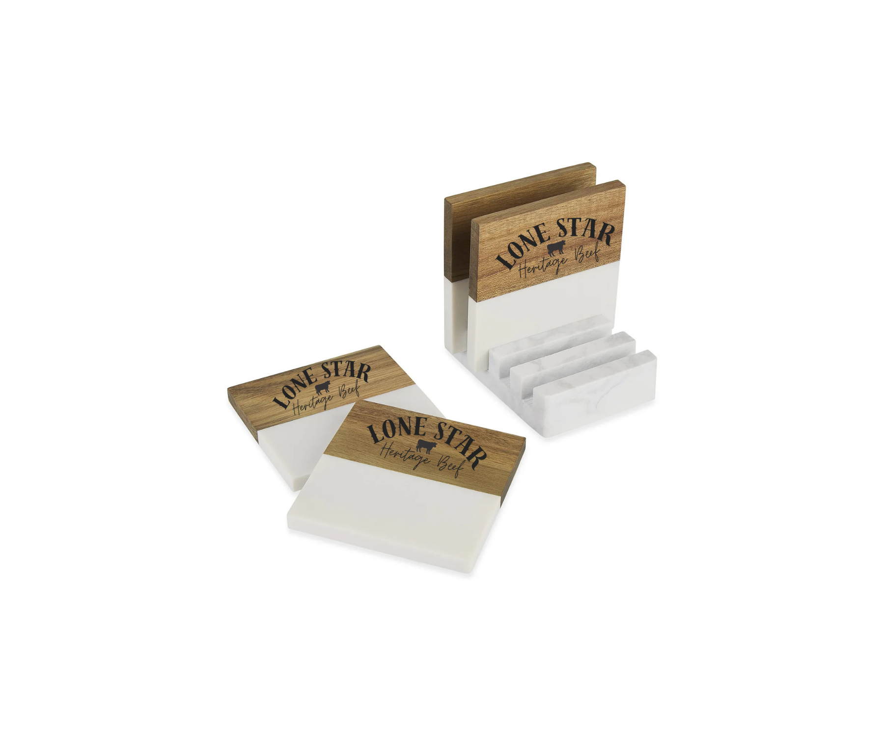 Set of four acacia wood and marble coasters with 'Lone Star' branding on a white background