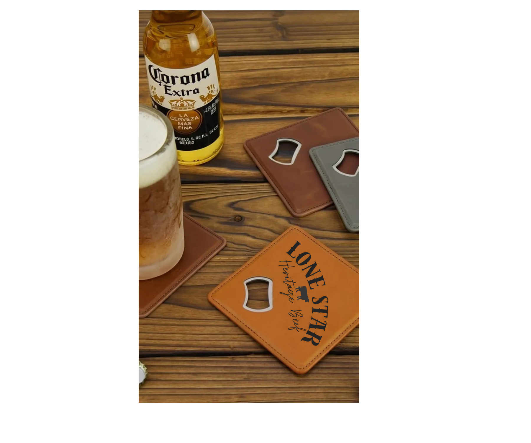 Bottle opener coasters with Lone Star branding and a Corona Extra beer on a wooden surface