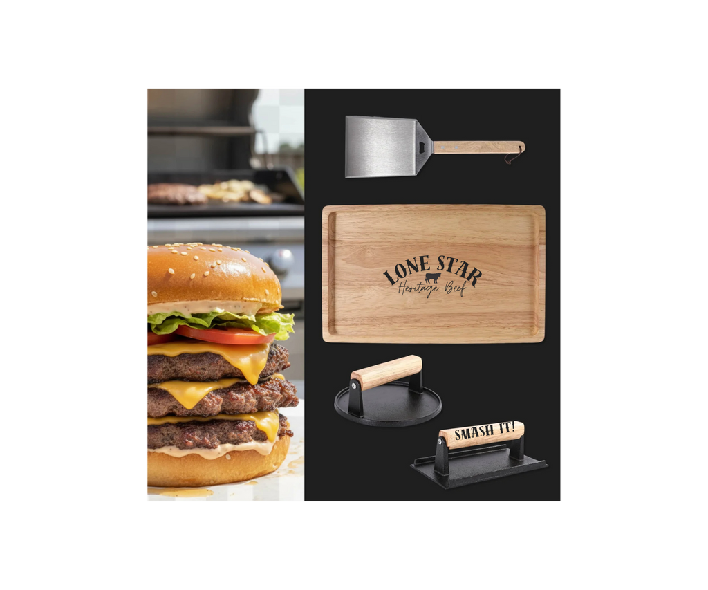 Collage of a hamburger, cutting board with 'Lone Star Heritage Chef' branding, and kitchen tools on a white background.