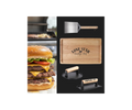 Collage of a hamburger, cutting board with 'Lone Star Heritage Chef' branding, and kitchen tools on a white background.