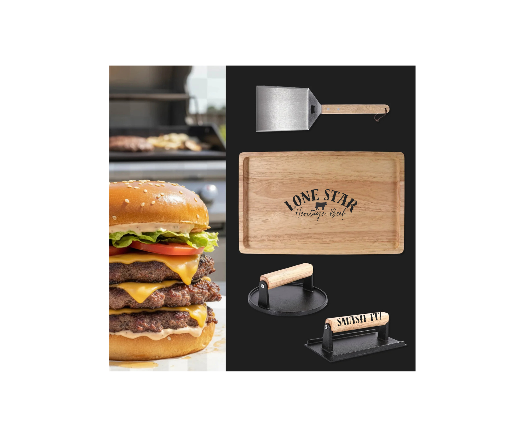 Collage of a hamburger, cutting board with 'Lone Star Heritage Chef' branding, and kitchen tools on a white background.