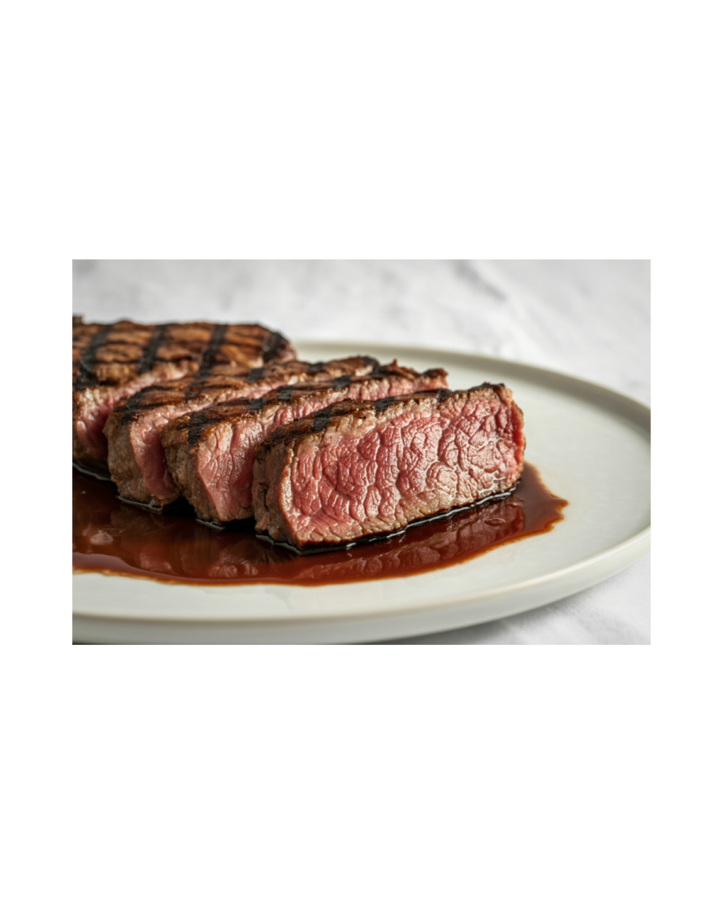 Steak with grill marks on a white plate with a white background