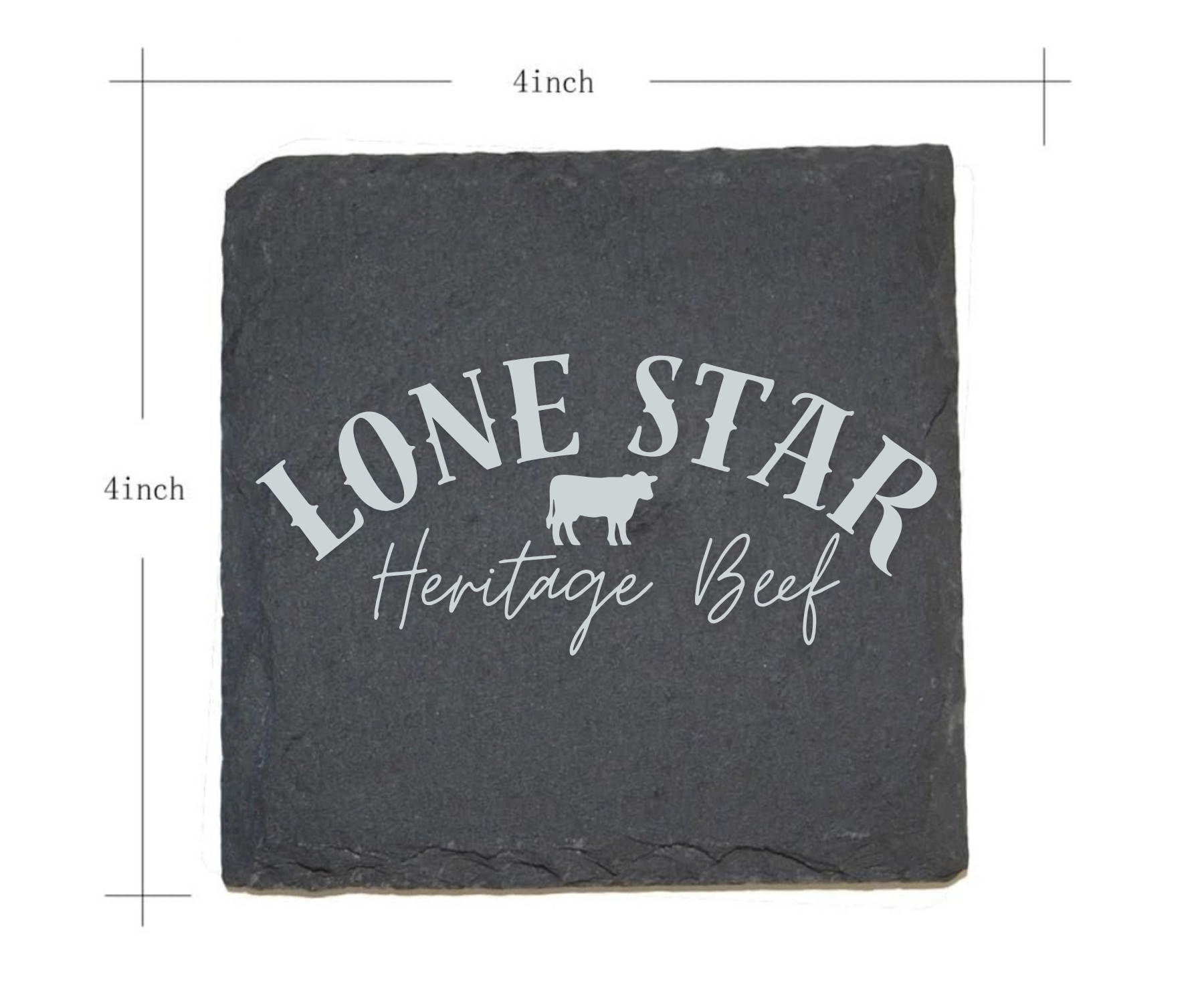 Black slate coaster with 'Lone Star Heritage Beef' branding and dimensions indicated.
