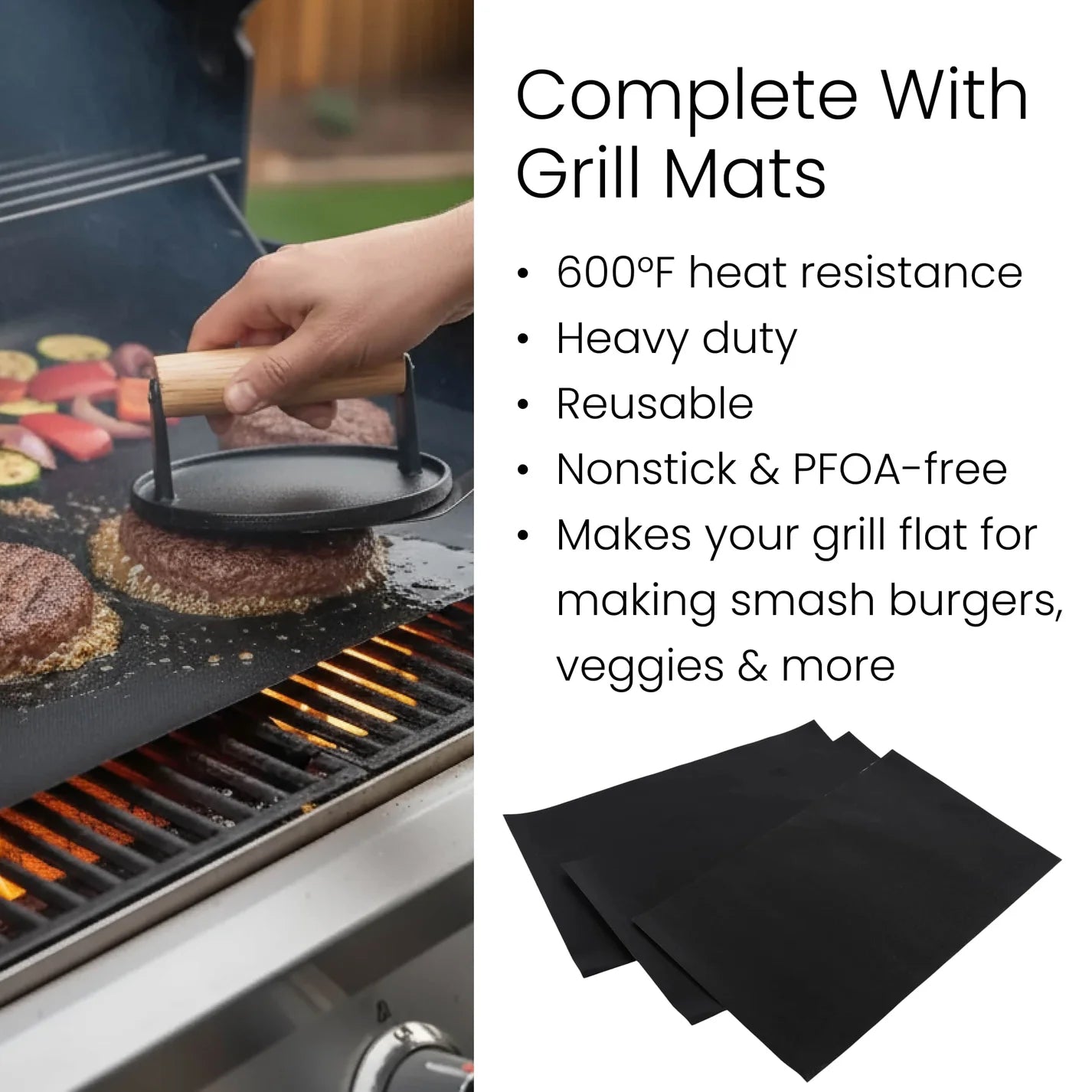 Grill mats being used on a grill with text highlighting features